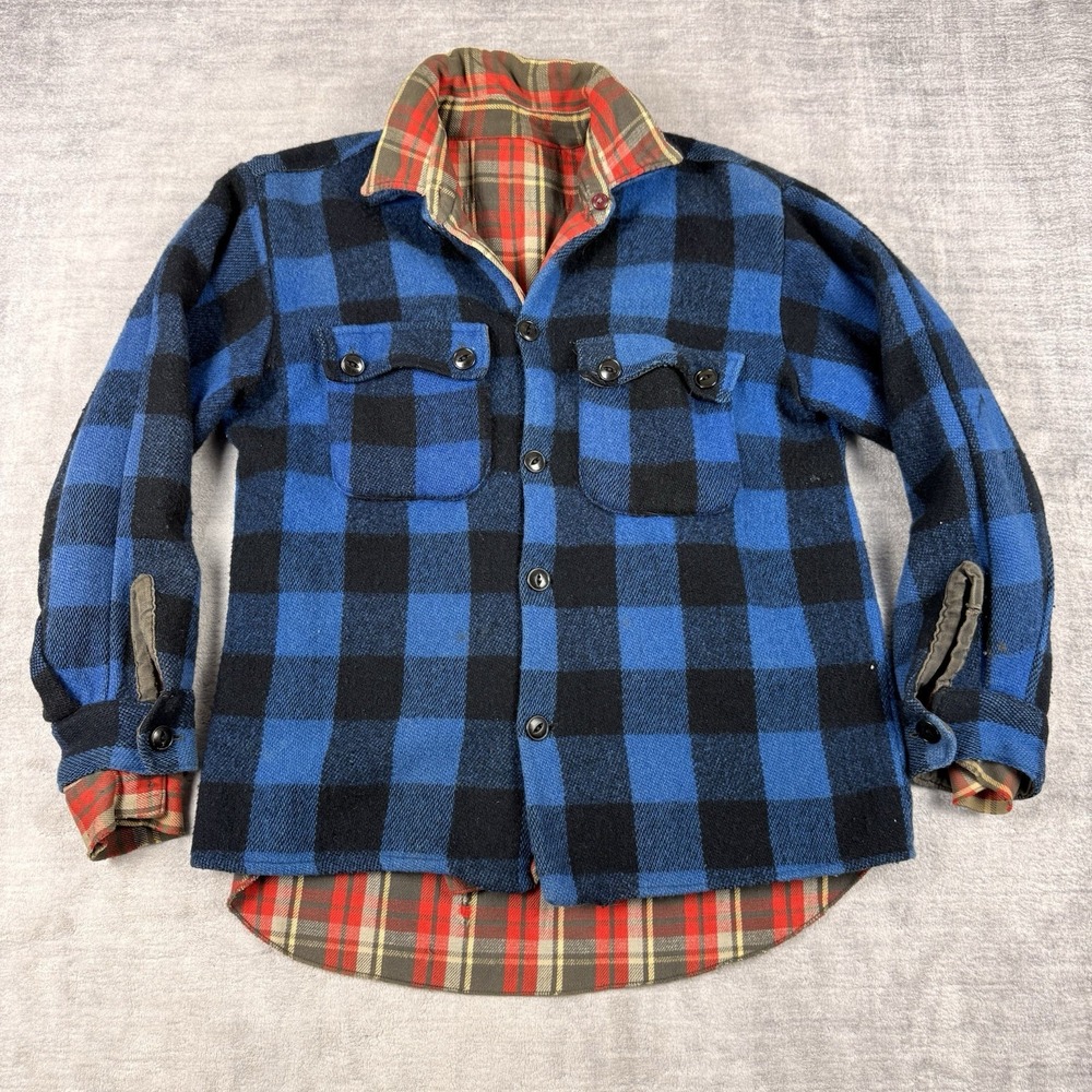 Vintage 60s Shirt Mens Medium Blue Plaid Wool Reversible Flannel Shacket Cat Eye
